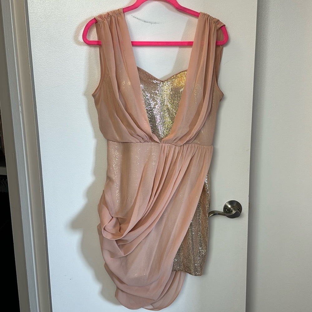 BEBE Asymmetrical Dress - Blush/Gold Sequin Dress, Size Large